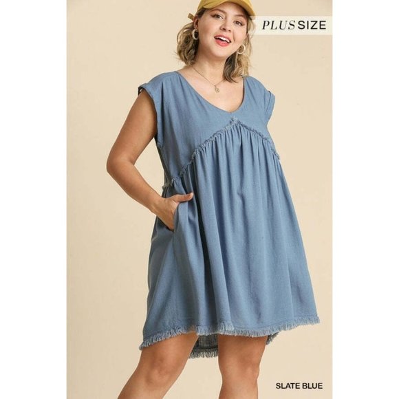 Umgee Plus Size Milk Tea V-Neck Short Folded Sleeve Ruffle Trimmed Pocket Dress - Picture 3 of 12